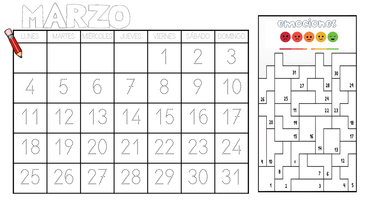Calendario punteado de MARZO 2024 para escritura numérica