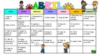 Calendario actividades divertidas para infantil abril 2024 Semana Lunes Martes Miércoles Jueves Viernes Sábado Domingo Semana 1 1. Juego de memoria 2. Pintura con los dedos 3. Experimento de ciencia […]