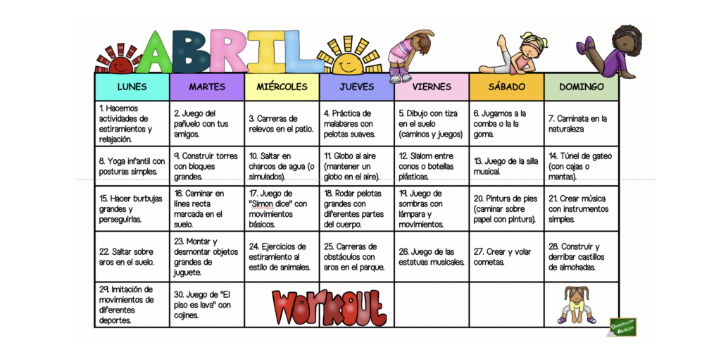 Continuamos preparando nuestros divertidos calendario de actividades variadas que tanto os gustan, en este caso ya empezamos con el mes de abril y hemos preparado un Calendario actividades motrices para […]