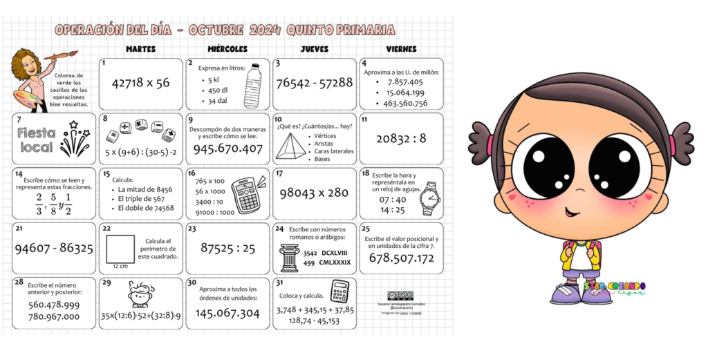 Este mes traemos un calendario educativo especialmente diseñado para alumnos de quinto de primaria. El recurso titulado «Operación del día – Octubre 2024» incluye una actividad diaria relacionada con matemáticas, […]