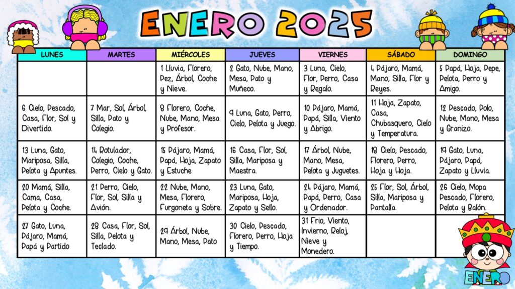 Comienza el año con una herramienta educativa que combina planificación y aprendizaje. Este calendario de enero 2025 incluye un dictado diario de palabras, diseñado para reforzar la ortografía, el vocabulario […]