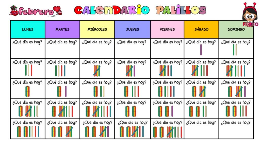Calendario con representación de los días del mes de febrero 2025 con palillos. Este material está pensado para Educación Infantil y Primero de Primaria con el que trabajar el calendario. […]