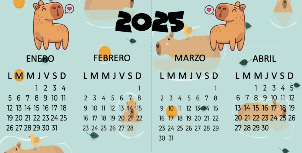 BONITO CALENDARIO A4 2025 CAPIBARA Aqui os dejamos este fantástico diseño de calendario capibara en formato a4 listo para imprimir a tope de calidad y como siempre totalmente gratis. BONITO CALENDARIO A4 2025 CAPIBARAS