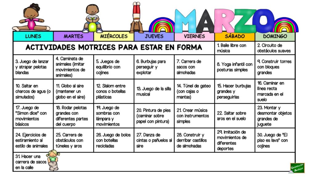 Las actividades motrices son esenciales para el desarrollo físico y motor de los niños. En este calendario, te presentamos una variedad de actividades diarias para el mes de marzo que […]
