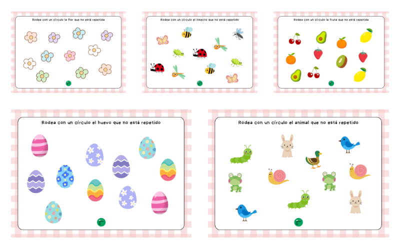 Hoy queremos compartir una actividad visual divertida y estimulante: láminas con dibujos primaverales en las que los alumnos deberán encontrar el único dibujo que no está repetido. Cada lámina contiene […]