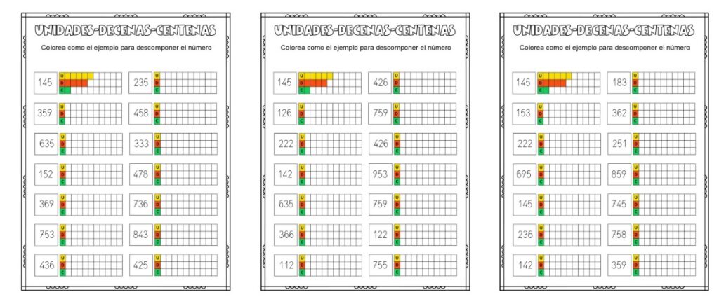 La descomposición de números de tres cifras consiste en separarlos en sus diferentes valores posicionales: centenas, decenas y unidades. Por ejemplo, el número 357 se descompone en 300 (tres centenas), 50 (cinco […]