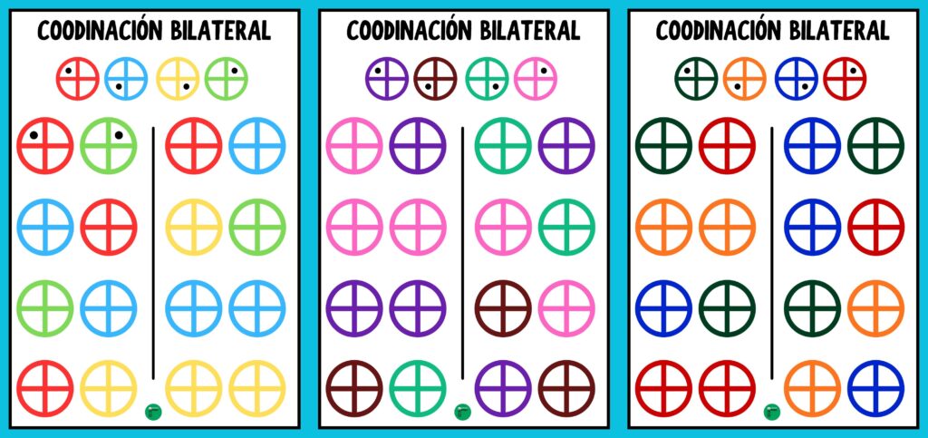 Esta ficha está diseñada para trabajar la coordinación bilateral de forma visual y manipulativa. A través de cuatro círculos con colores diferentes, los alumnos deben colocar puntos con ambas manos […]