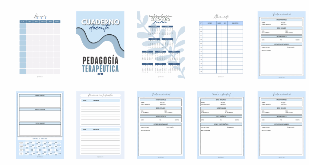 El Cuaderno docente de PT es una herramienta práctica y completa diseñada para facilitar la labor de los especialistas en Pedagogía Terapéutica. Permite organizar, planificar y hacer un seguimiento detallado […]