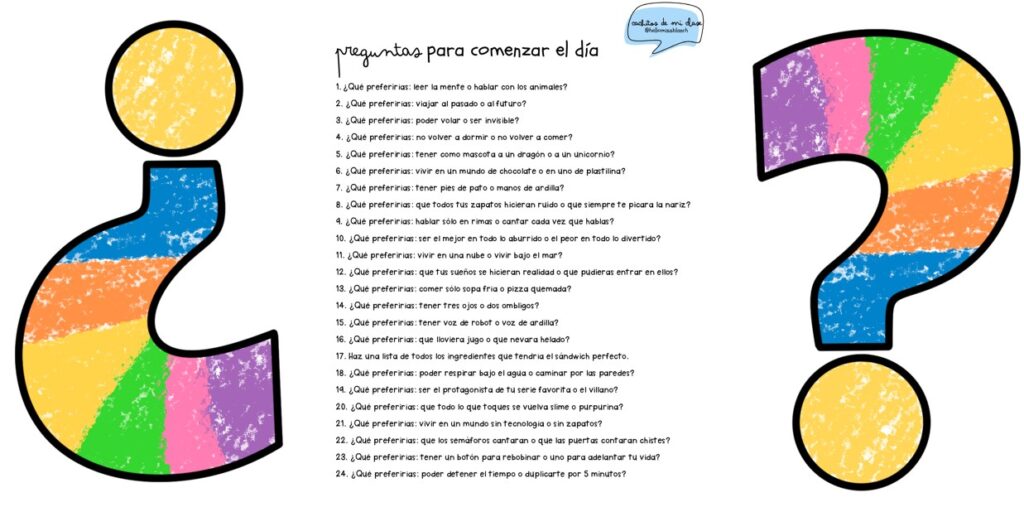 Este recurso es ideal para iniciar la jornada escolar con imaginación, humor y reflexión. A través de preguntas divertidas, absurdas y originales, los alumnos desarrollan su pensamiento creativo, su expresión […]