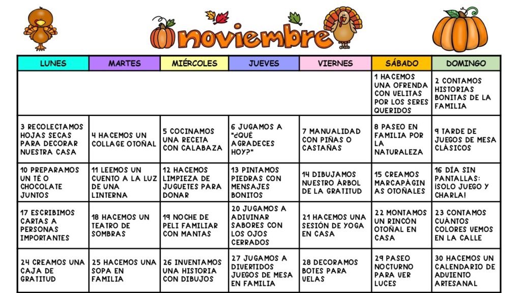 Te presentamos un calendario lleno de actividades otoñales, creativas y familiares para disfrutar durante el mes de noviembre de 2025. Este material propone una acción diferente para cada día, perfecta […]