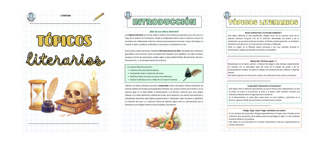 📚 Los tópicos literarios Introducción Este material está pensado para trabajar los tópicos literarios en Educación Secundaria y Bachillerato, un contenido fundamental de la asignatura de Lengua Castellana y Literatura. [&hellip;]