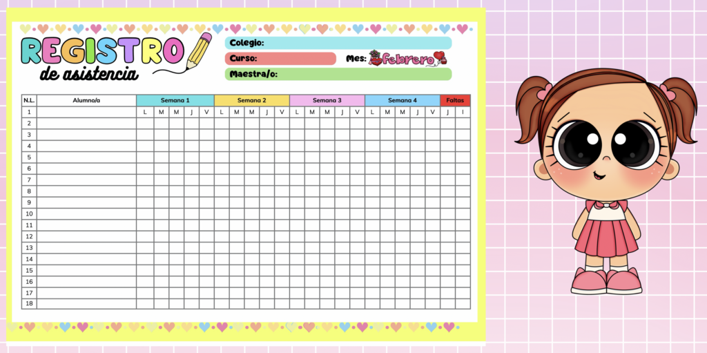 📅 Febrero: Registro de Asistencia colorido para tus clases Controlar la asistencia diaria en el aula es una tarea fundamental, y si además lo hacemos con materiales visuales y atractivos, [&hellip;]