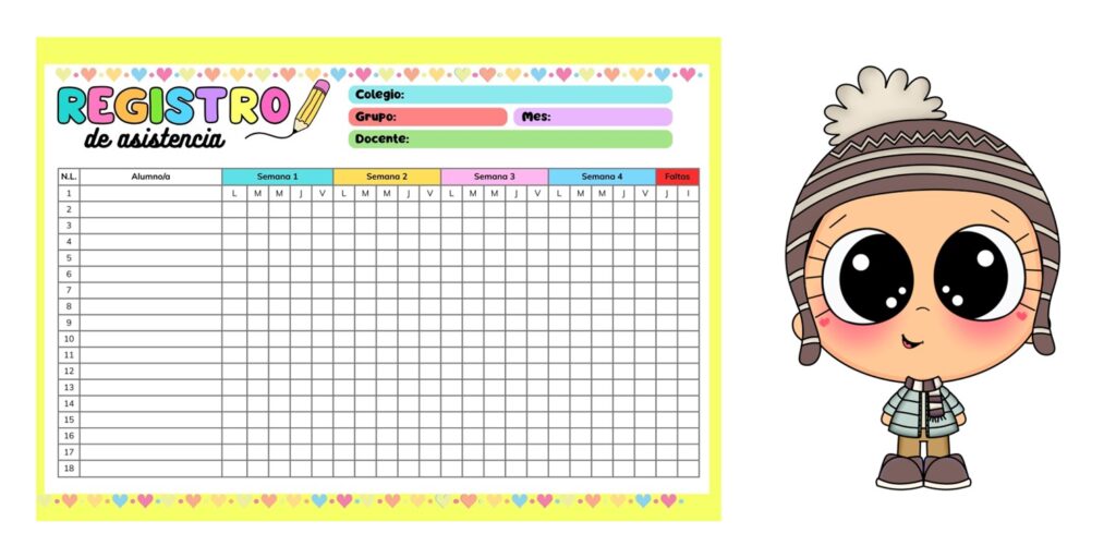 Registro de Asistencia colorido para tus clases IntroducciónEste material está diseñado para ayudar al profesorado a llevar un control claro, visual y organizado de la asistencia del alumnado durante el [&hellip;]