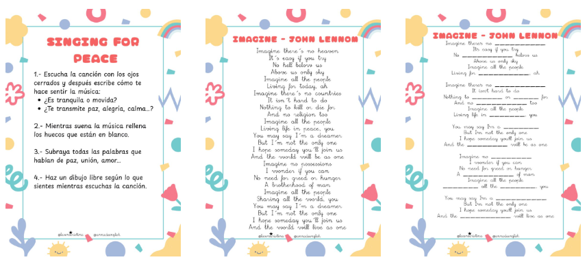 Otro recurso bonito que nos mandan nuestras compis  lasenocristina y annadeenglish, es este pack de canciones de la paz. La actividad consiste en canciones incompletas, a las que les faltan algunas palabras [&hellip;]