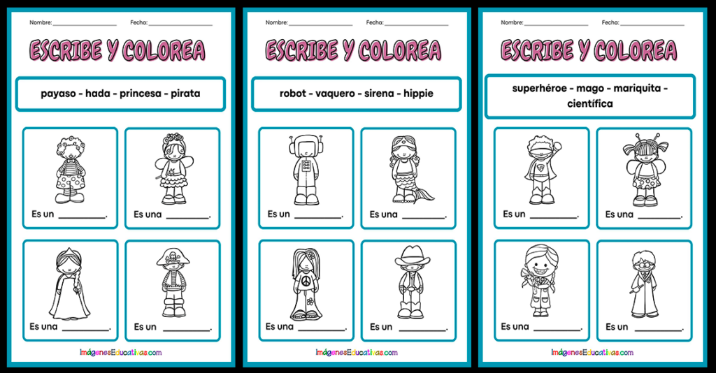 Estas hojas están diseñadas para que los niños practiquen la escritura y el reconocimiento de palabras mientras se divierten. Cada hoja incluye una ilustración de un disfraz típico de Carnaval [&hellip;]