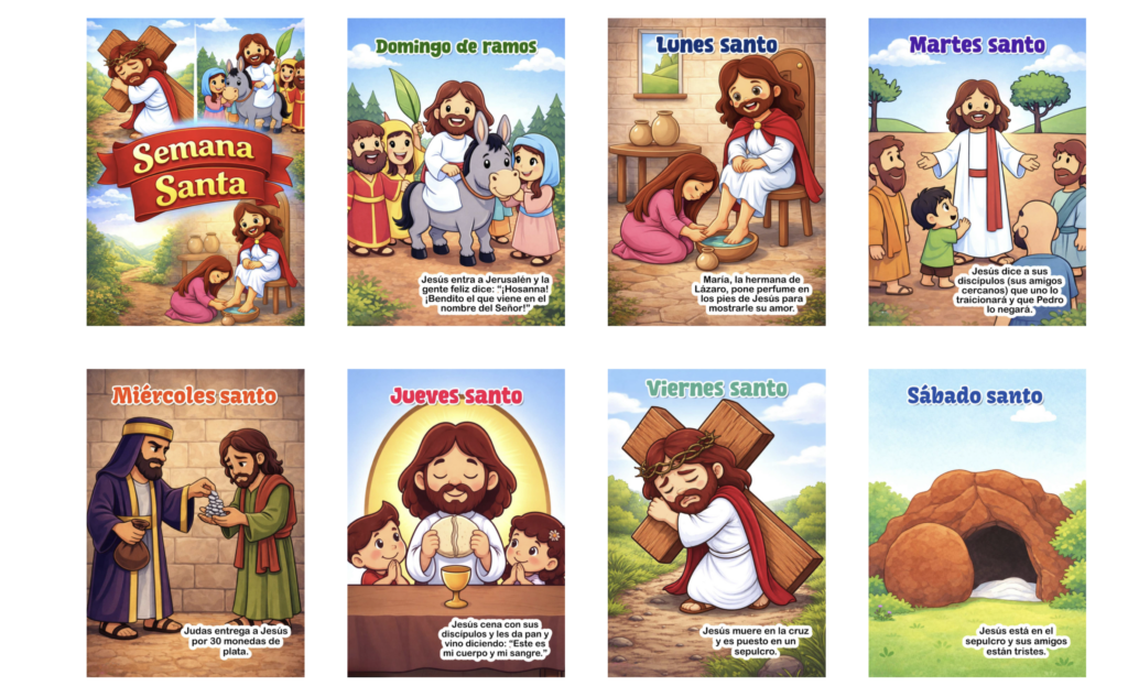 Un recurso visual y sencillo para comprender los días más importantes de la Semana Santa Este material presenta una secuencia clara y adaptada para niños y niñas, mostrando los momentos [&hellip;]