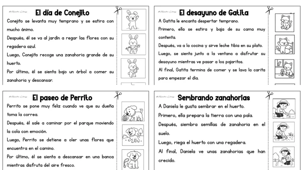 Cada lectura está acompañada de cuatro imágenes que representan diferentes secuencias de la historia. El objetivo de la actividad es que, tras leer el texto, el alumno recorte y pegue [&hellip;]