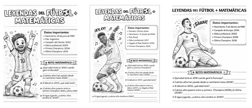 Cuando combinamos matemáticas con algo que apasiona al alumnado, el aprendizaje se vuelve mucho más significativo. Este recurso une datos reales de grandes leyendas del fútbol con retos matemáticos que [&hellip;]