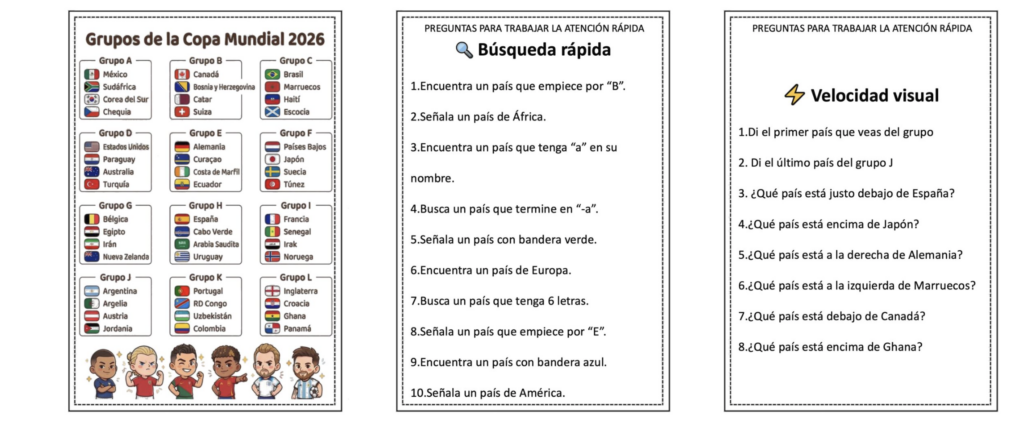 El Mundial 2026 es una oportunidad perfecta para introducir actividades motivadoras en el aula. Este recurso propone una serie de preguntas rápidas, diseñadas para trabajar atención, memoria visual, discriminación y [&hellip;]