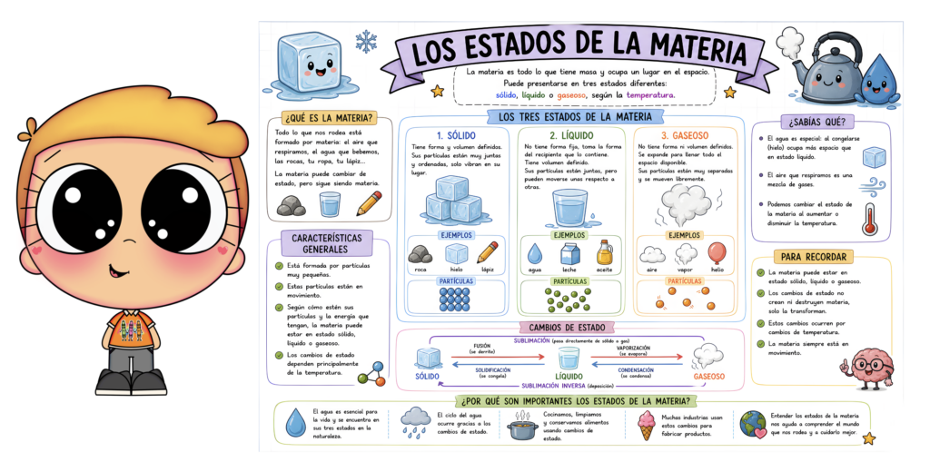 Todo lo que nos rodea —el aire, el agua, las rocas, nuestra ropa, incluso los objetos más pequeños— está hecho de materia. Esta lámina didáctica explica de manera clara, visual [&hellip;]