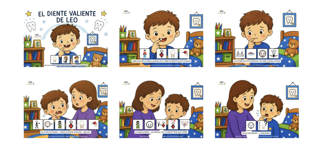 Cuento adaptado sobre la caída de los dientes pensado para niños con dificultades de aprendizaje con apoyos visuales y un tablero de comunicación para facilitar la comprensión y la expresión. [&hellip;]