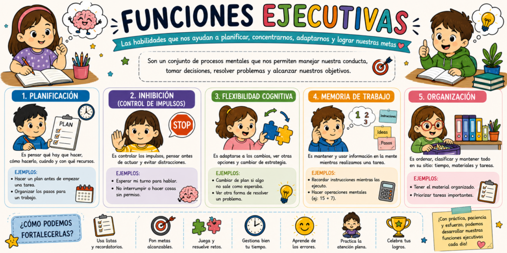 Las funciones ejecutivas son un conjunto de habilidades cognitivas esenciales para el aprendizaje y la vida diaria. Gracias a ellas, los alumnos pueden planificar, organizar, controlar sus impulsos, adaptarse a [&hellip;]