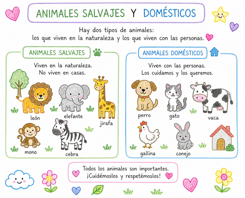 Distinguir entre animales domésticos y animales salvajes es uno de los primeros aprendizajes dentro del área de Conocimiento del Entorno en Infantil. Esta lámina didáctica presenta ambos grupos de manera [&hellip;]