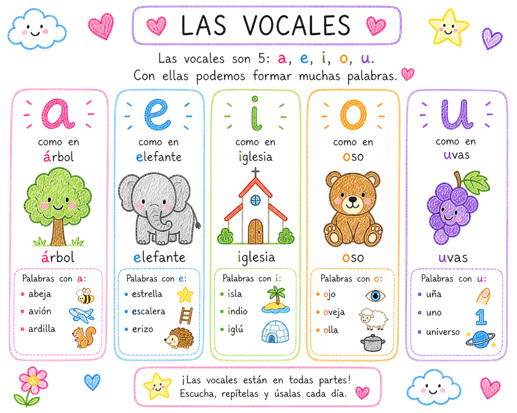 Las vocales son el primer gran paso en el camino de la lectoescritura. Reconocerlas, escucharlas, repetirlas y relacionarlas con palabras del entorno ayuda a los niños y niñas a construir [&hellip;]