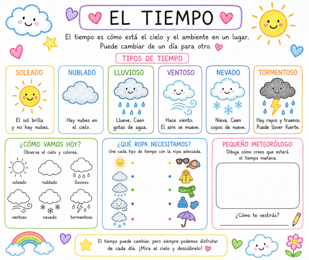 El tiempo meteorológico es uno de los contenidos más cercanos y significativos para los niños y niñas de Infantil. Cada día miran al cielo, observan si hace sol, si llueve [&hellip;]