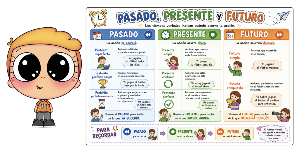 Los tiempos verbales son esenciales para comunicarnos correctamente. Nos permiten expresar si una acción ocurrió en el pasado, sucede en el presente o sucederá en el futuro. Esta lámina didáctica [&hellip;]