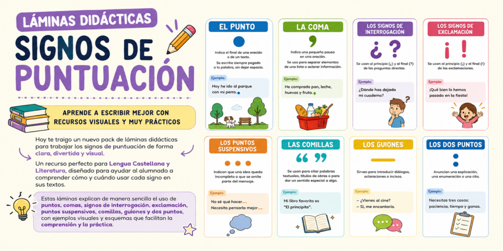 Aprende a escribir mejor con recursos visuales y muy prácticos Hoy te traigo un nuevo pack de láminas didácticas para trabajar los signos de puntuación de forma clara, divertida y [&hellip;]