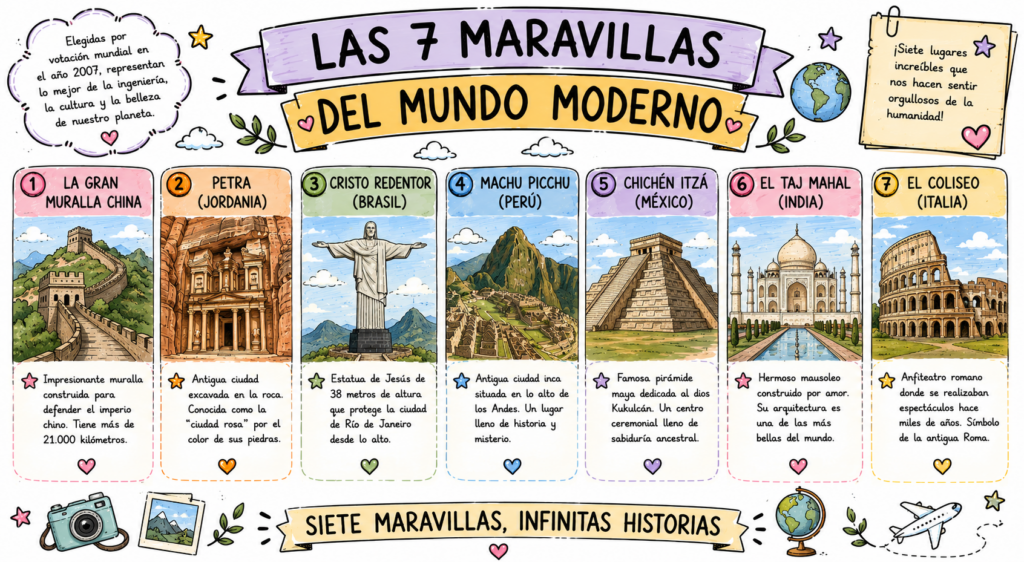 Las 7 Maravillas del Mundo Moderno son una oportunidad perfecta para enseñar historia, geografía y cultura de forma visual y motivadora. Estas láminas didácticas presentan cada maravilla con ilustraciones coloridas, [&hellip;]