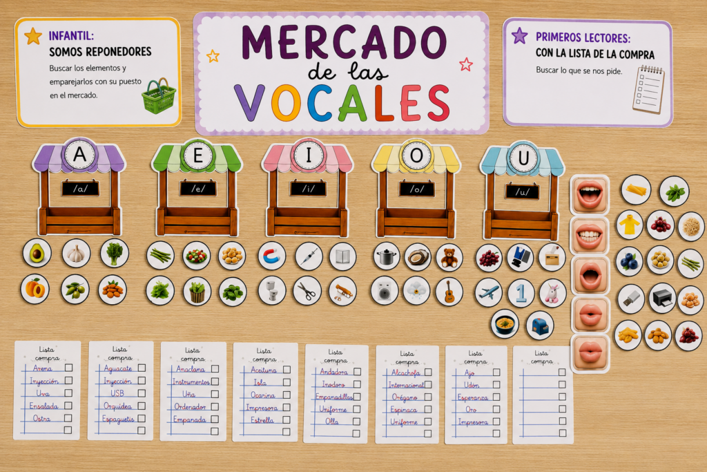 Un recurso manipulativo pensado para trabajar vocabulario, conciencia fonológica, lectura inicial y articulación de una forma divertida, visual y muy motivadora 💜 Incluye:🟣 Puestos del mercado por vocales🟣 Fichitas recortables [&hellip;]