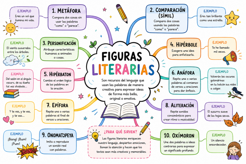 Un recurso visual para aprender los recursos del lenguaje de forma creativa Este mapa mental de figuras literarias es una herramienta ideal para enseñar y repasar los principales recursos expresivos [&hellip;]