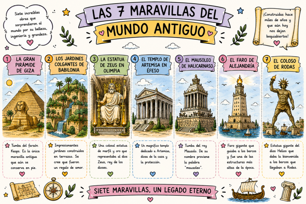 Un viaje visual por las construcciones más impresionantes de la Antigüedad Las 7 Maravillas del Mundo Antiguo siempre despiertan curiosidad en el alumnado: historias de reyes, templos gigantes, jardines imposibles [&hellip;]