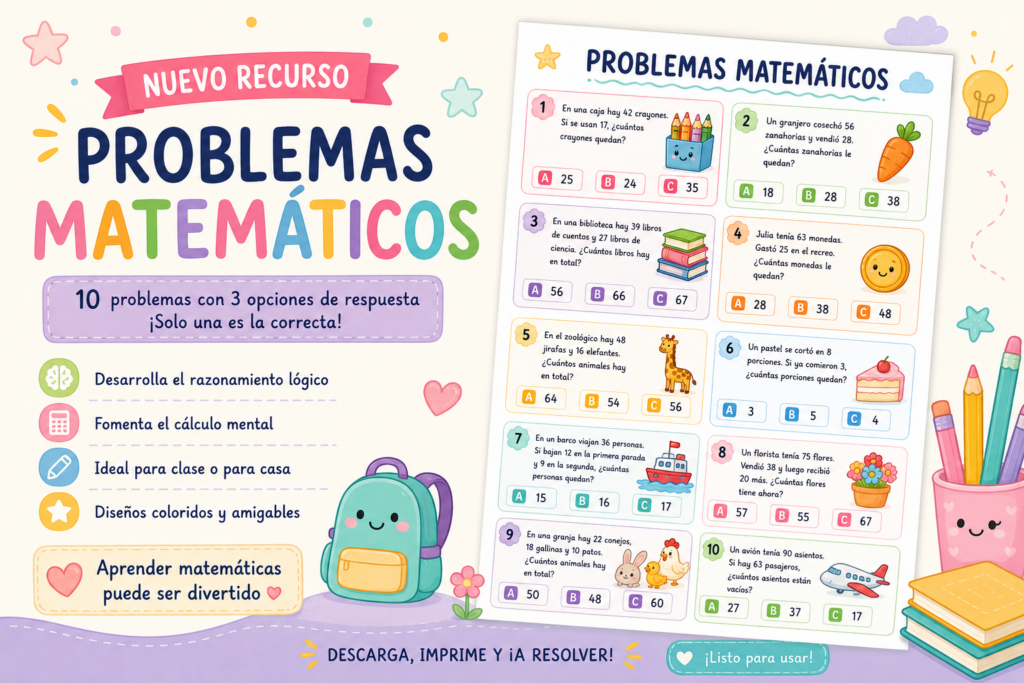 Las matemáticas se aprenden mejor cuando se presentan de forma visual, cercana y motivadora. Por eso hoy compartimos una nueva colección de problemas matemáticos con opciones múltiples de respuesta, diseñada [&hellip;]