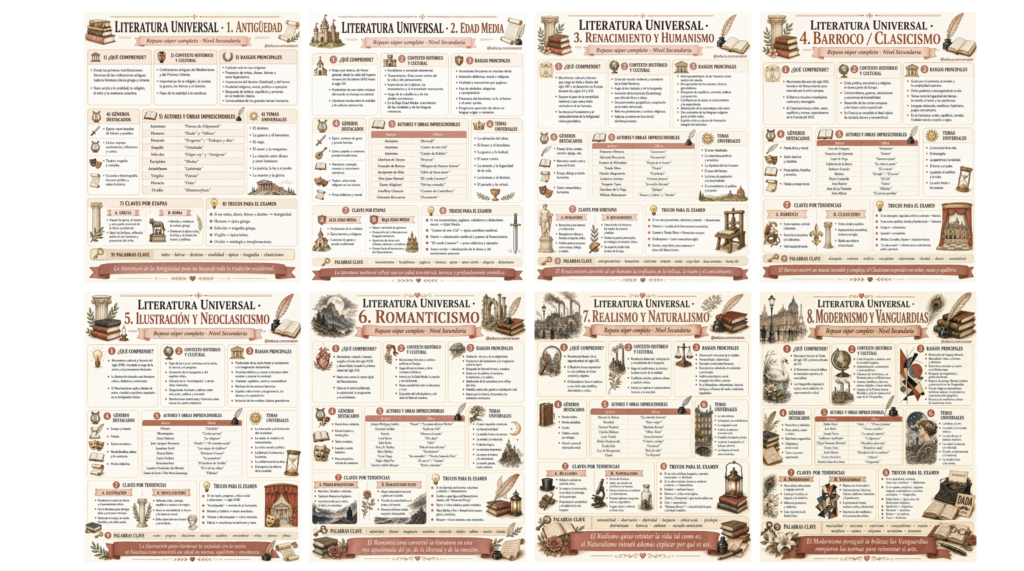 Un recorrido visual por la historia de la literatura Estas láminas didácticas de la Literatura Universal son una herramienta perfecta para repasar los principales movimientos literarios desde la Antigüedad hasta [&hellip;]