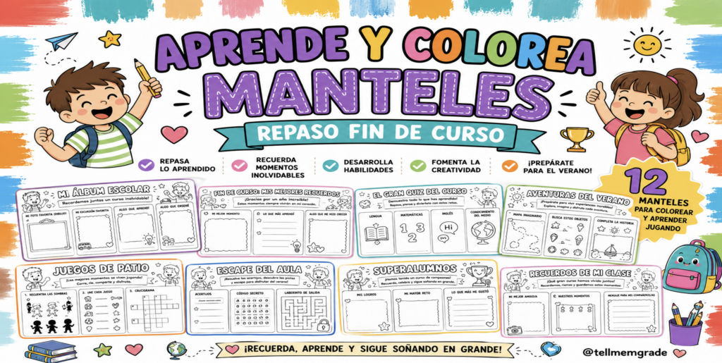 En los últimos días de clase, nada mejor que combinar repaso, creatividad y diversión. Por eso compartimos esta fantástica colección de manteles educativos para colorear y completar, diseñados especialmente para [&hellip;]