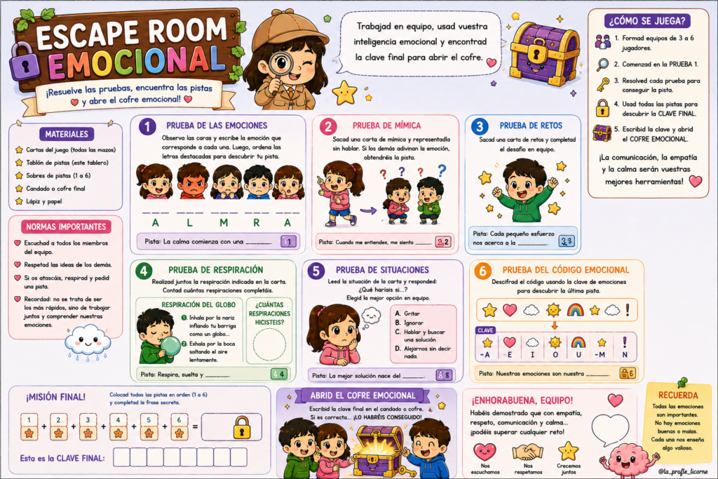 Este recurso propone un divertido Escape Room Emocional en el que los alumnos deberán superar diferentes pruebas relacionadas con la identificación, comprensión y gestión de las emociones para conseguir pistas [&hellip;]