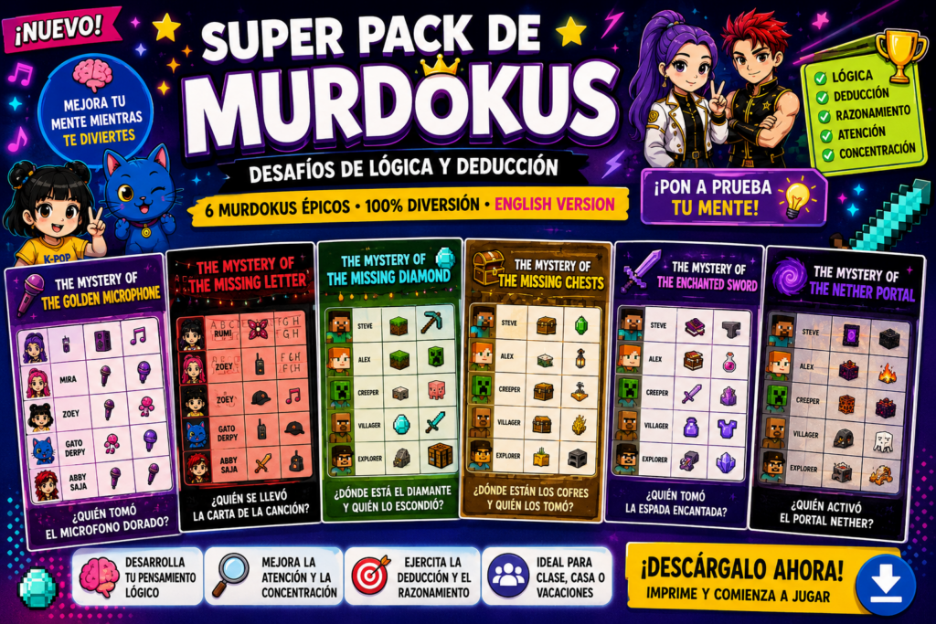 SUPER PACK DE MURDOKUS: DESAFÍOS DE LÓGICA Y DEDUCCIÓN PARA APRENDER JUGANDO Los juegos de lógica son una herramienta excelente para desarrollar el razonamiento, la atención y la capacidad de [&hellip;]