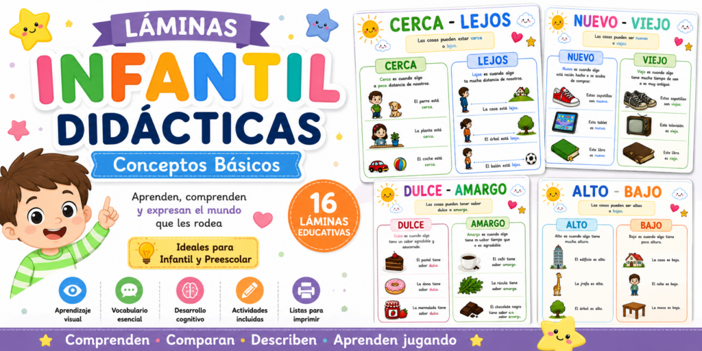 Hoy compartimos una fantástica colección de láminas didácticas para Infantil y Preescolar diseñadas para trabajar algunos de los conceptos básicos más importantes del desarrollo del lenguaje y del pensamiento lógico [&hellip;]