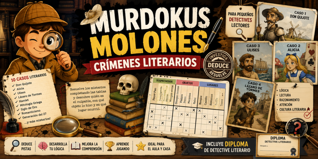 Murdokus Molones: Crímenes Literarios para pequeños detectives lectores Si buscas una actividad diferente que combine lógica, lectura, deducción y literatura, este cuaderno de Murdokus Molones: Crímenes Literarios es una propuesta [&hellip;]