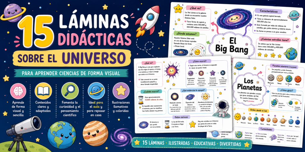 🌌 15 LÁMINAS DIDÁCTICAS SOBRE EL UNIVERSO PARA APRENDER CIENCIAS DE FORMA VISUAL El Universo despierta la curiosidad de pequeños y mayores. Las estrellas, los planetas, las galaxias o los [&hellip;]