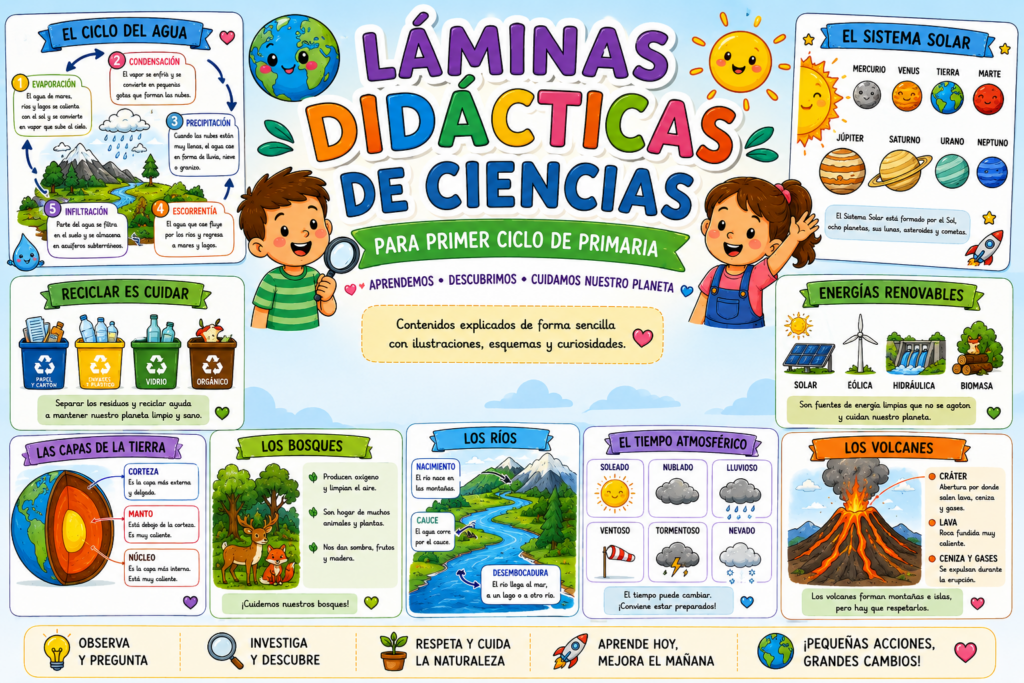 Aprender Ciencias en los primeros cursos de Primaria significa observar, preguntar, descubrir y comprender el mundo que nos rodea. Para facilitar este proceso, hoy compartimos una completa y colorida colección [&hellip;]
