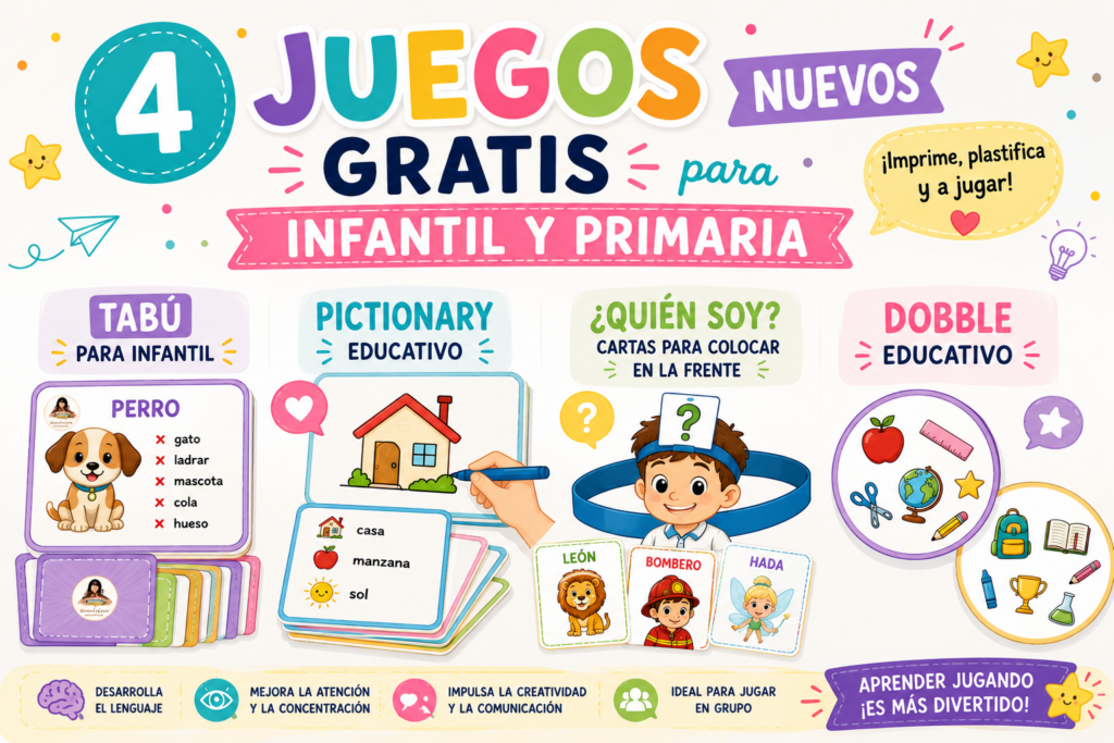 ¡4 JUEGOS NUEVOS GRATIS para Infantil y primaria! 🎉 Solo necesitas 4 folios, impresora, unas tijeras… ¡y muchas ganas de jugar! ✂️📄 Encontrarás:⭐ Dobble Educativo💬 Tabú Infantil🎨 Pictionary🤔 ¿Quién soy? [&hellip;]