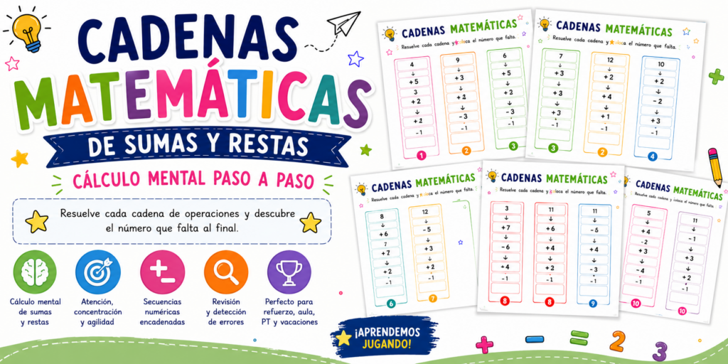 Hoy compartimos un recurso matemático especialmente práctico para trabajar el cálculo mental, la atención y la agilidad numérica de una forma clara, visual y progresiva: una completa colección de Cadenas [&hellip;]