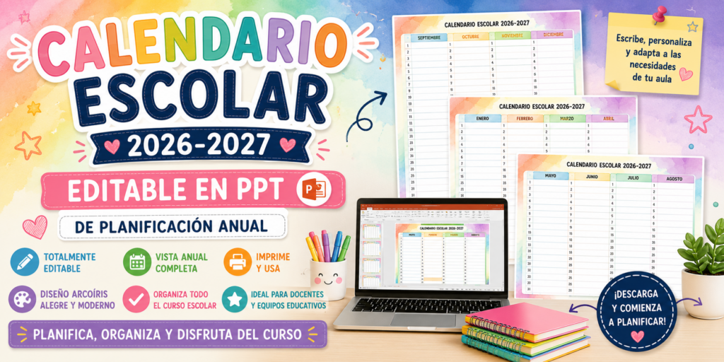 La organización es una de las claves para disfrutar de un curso escolar tranquilo y productivo. Por eso, en Orientación Andújar compartimos este práctico Calendario editable PPT escolar arcoíris 2026-2027 [&hellip;]