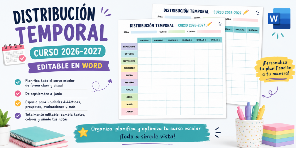La planificación del curso es mucho más sencilla cuando disponemos de herramientas prácticas y adaptables. Por eso, hoy compartimos la Distribución Temporal del curso 2026-2027 en formato editable de Word, [&hellip;]