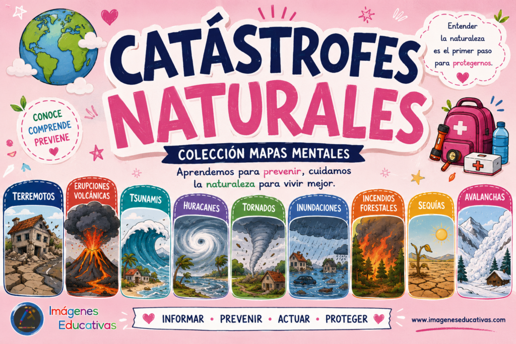 Esta colección de mapas mentales de catástrofes naturales incluye recursos sobre terremotos, erupciones volcánicas, tsunamis, huracanes, tornados, inundaciones, incendios forestales, sequías, avalanchas y otros fenómenos naturales. Cada mapa resume causas, consecuencias, características [&hellip;]
