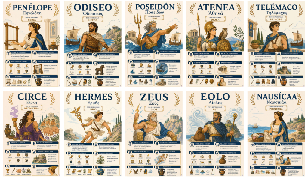 Hoy compartimos esta colección de Pósteres Educativos sobre los principales personajes de La Odisea, un recurso visual que hemos preparado para facilitar el estudio de esta obra fundamental de la literatura griega. A través de un diseño inspirado en [&hellip;]